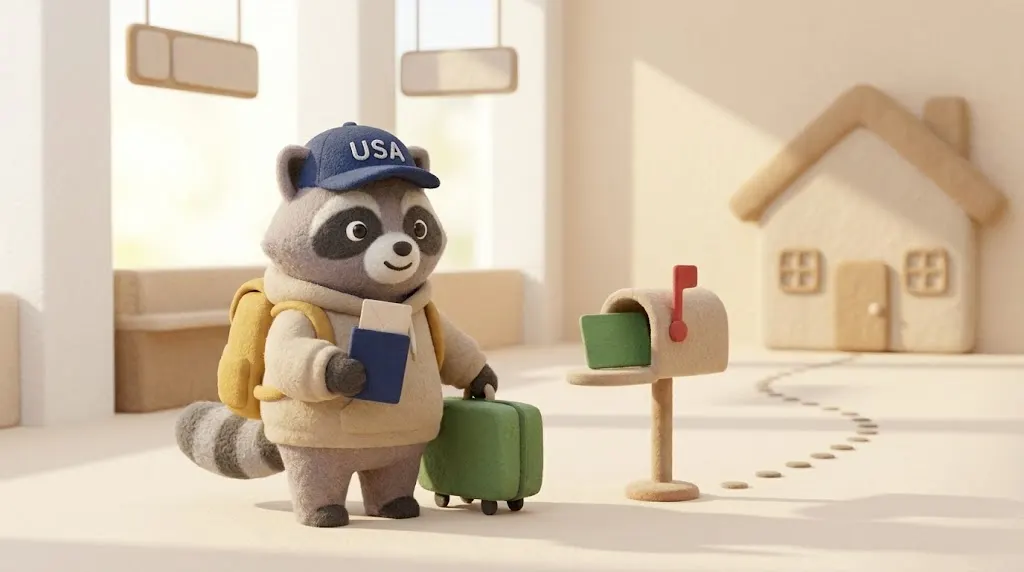 Racco just arrived holding a passport and an immigrant visa envelope, with a green card in the mailbox beside Racco